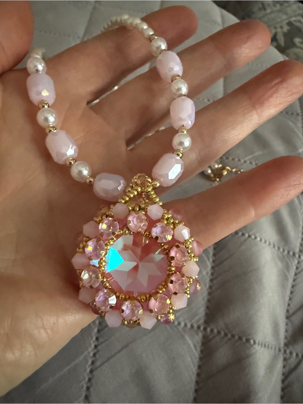 Pink Crystal Teardrop Pendant Necklace with Gold Accents